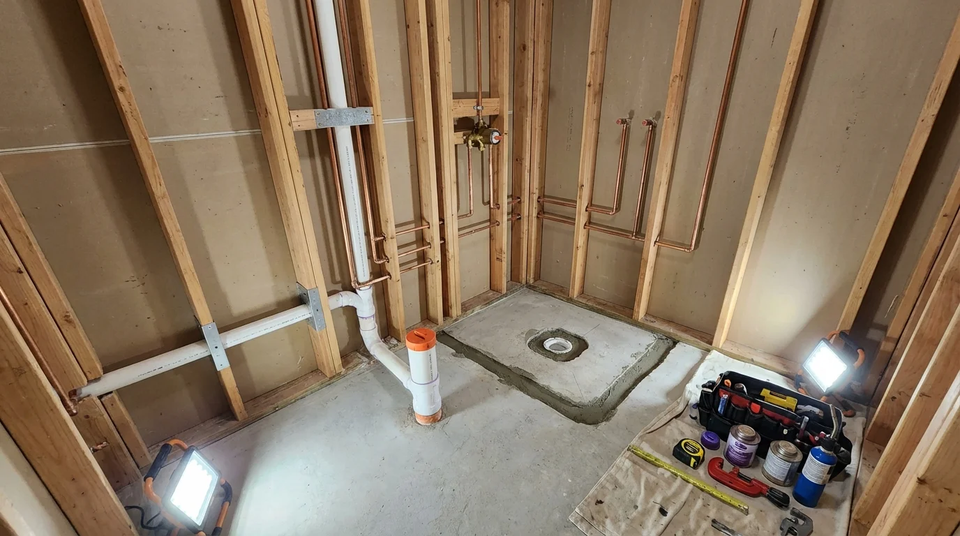 Bathroom rough-in plumbing during remodel by Johns Plumbing LLC in New Philadelphia