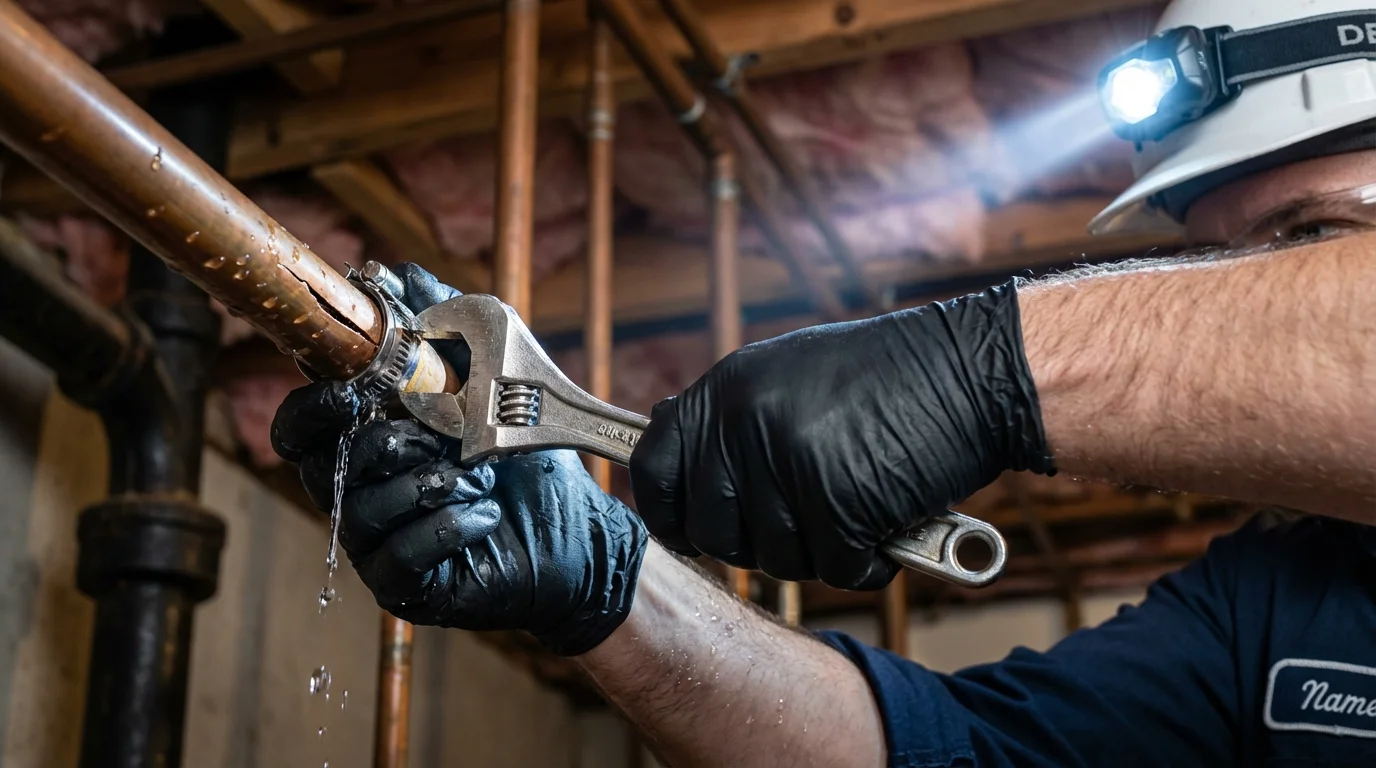 Emergency pipe clamp repair being performed by a Johns Plumbing LLC plumber in New Philadelphia