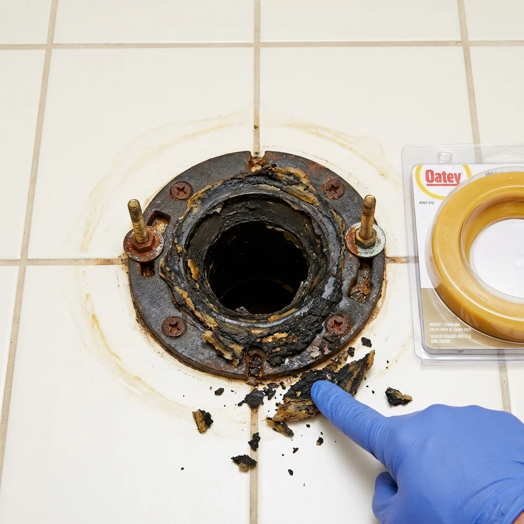 Failed wax ring showing water seepage at the base of a toilet in a New Philadelphia, OH home