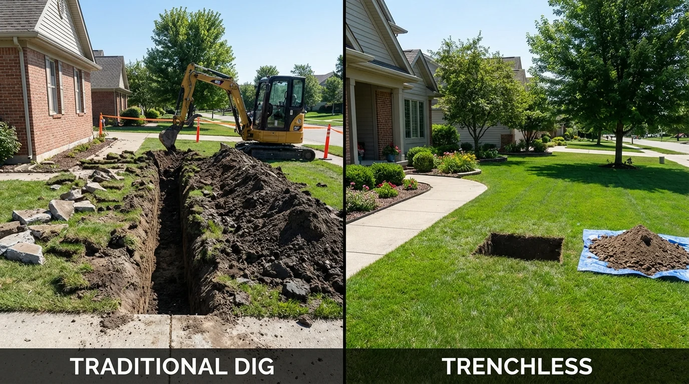 Trenchless sewer repair with minimal yard damage versus traditional excavation in New Philadelphia, OH