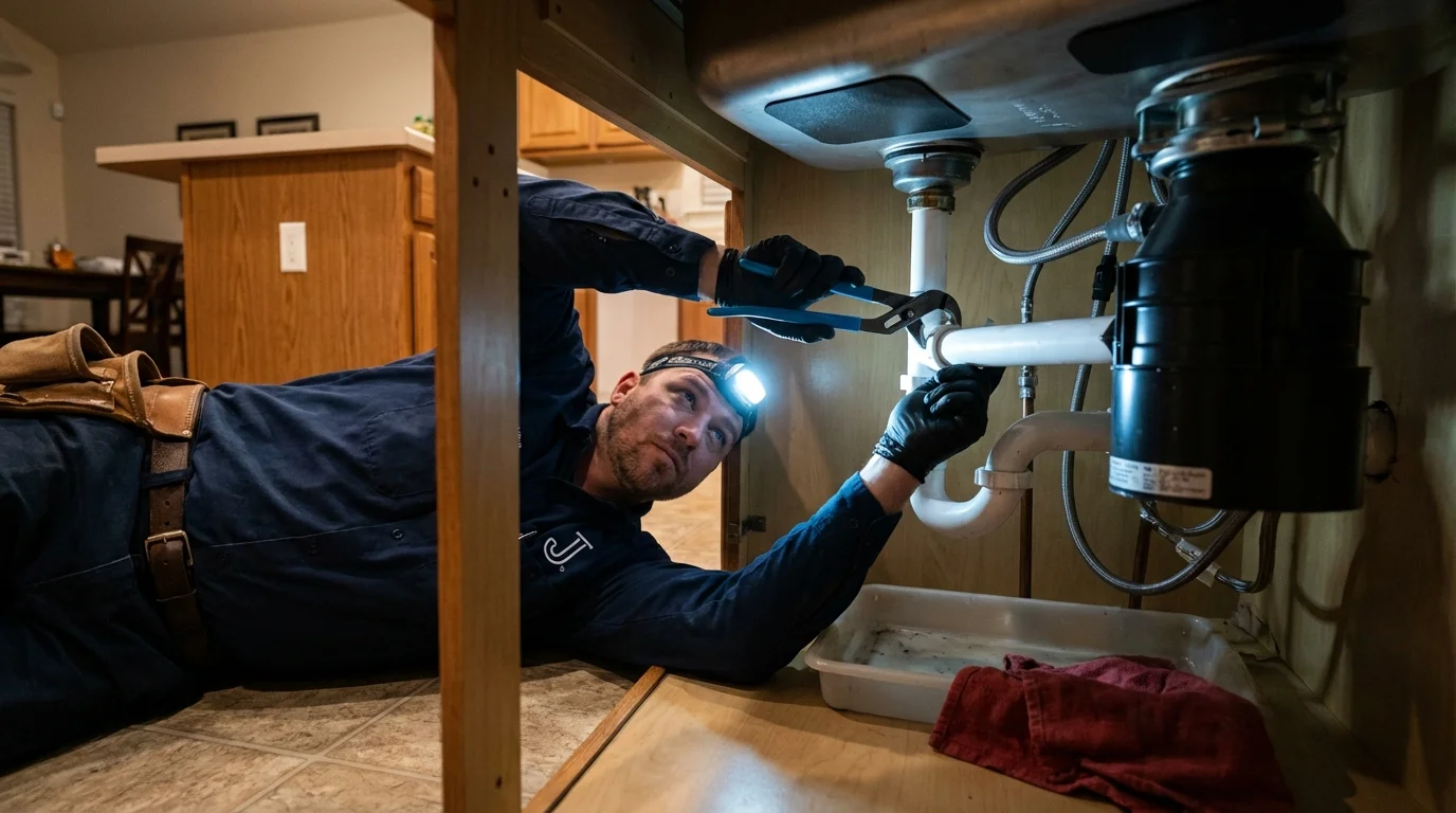 P-trap and supply line connections under a kitchen sink showing a common leak point in New Philadelphia, OH
